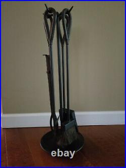 Fireplace Tool Set 5 Piece Black Wrought Iron Leather wrapped Handles