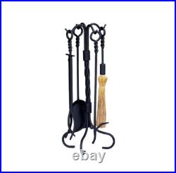 Fireplace Tool Set Black Wrought Iron 5 Piece Ring Twist Handle Heavy Weight
