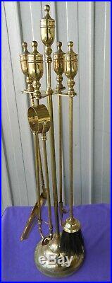 Fireplace Tool Set Brass Shovel, Brush, Tongs and Poker in Stand Vintage