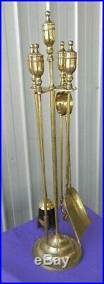 Fireplace Tool Set Brass Shovel, Brush, Tongs and Poker in Stand Vintage