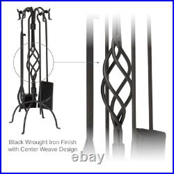 Fireplace Tool Set Center Weave Shepherds Crook Handles Wrought Iron Black 5 Pcs