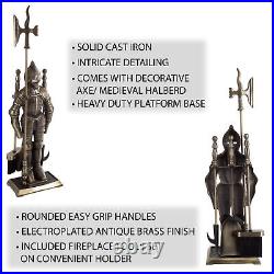 Fireplace Tool Set- Medieval Knight Cast Iron Statue Holds Heavy Duty Essential