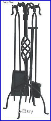 Fireplace Tool Set Utensils Black Wrought Iron Fireset with Center Weave 5pc NEW