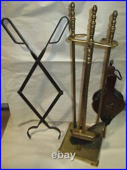 Fireplace Tool Set Vintage Brass Stand, Bellows, Tongs, Shovel, Poker and Brush