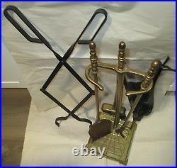 Fireplace Tool Set Vintage Brass Stand, Bellows, Tongs, Shovel, Poker and Brush