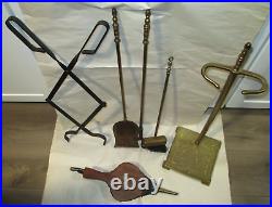 Fireplace Tool Set Vintage Brass Stand, Bellows, Tongs, Shovel, Poker and Brush