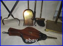 Fireplace Tool Set Vintage Brass Stand, Bellows, Tongs, Shovel, Poker and Brush