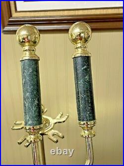 Fireplace Tool Set Vintage Green Marble & Brass 5 Piece -14lbs