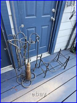 Fireplace Tool Set and Holder Wraught Iron