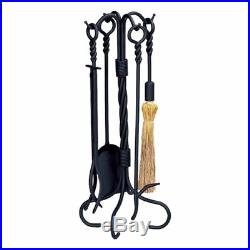 Fireplace Tool Set with Cast Iron Cats & 5 Piece Black Wrought Iron Ring and