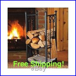 Fireplace Tool Set with Log Bin 4 Tools for Fire Pit Wood Stove Patio Home Shop