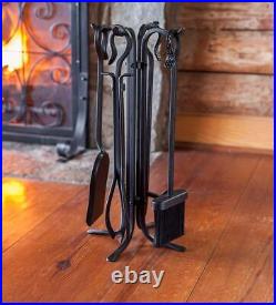 Fireplace Tool Set with Stand Black Compact Size Durable Hand Forged Wrought Iron