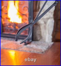 Fireplace Tool Set with Stand Black Compact Size Durable Hand Forged Wrought Iron