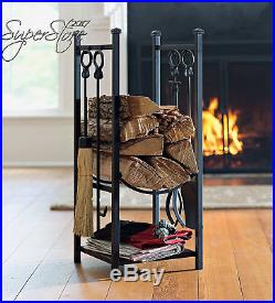 Fireplace Tool Set with Wood Rack Durable Steel Black Powder Coat Finish