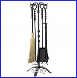Fireplace Tools 4 Pc Set Black Iron Poker Tongs Brush Broom Shovel Stand Fire