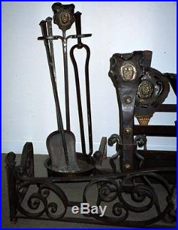 Fireplace Tools Set Antique Rare c 1890 Large Hand Wrought Iron 10 Piece