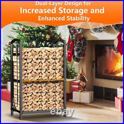 Fireplace Tools Set, Double-Layer Firewood Rack Indoor, Heavy-Duty Wrought Iron