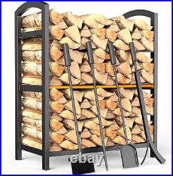 Fireplace Tools Set, Double-Layer Firewood Rack Indoor, Heavy-Duty Wrought Iron