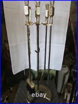 Fireplace Tools Set Vintage Poker Brass 5 Pc + Stand Fire Companion set 31 Tall