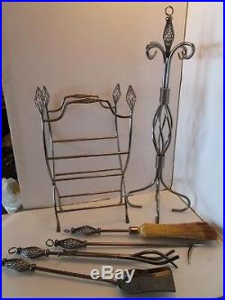Fireplace Tools Stand & log Holder Rack 6 pc Set Birdcage pewter tone iron decor