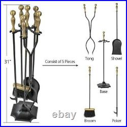 Fireplace Toolset 5 Pieces Wrought Iron Rustic with Ball Handles 31 High, Black