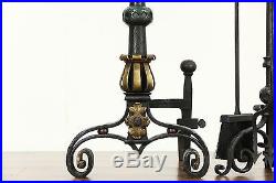 Fireplace Wrought Iron Antique Painted Andirons, Tools & Stand Set, Pat. 1908