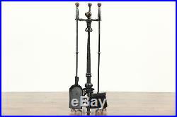 Fireplace Wrought Iron Antique Painted Andirons, Tools & Stand Set, Pat. 1908