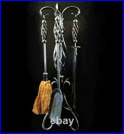 Fireplace tool set. 30. Brushed chrome. Twisted iron styled handles and stand