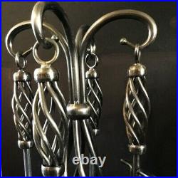 Fireplace tool set. 30. Brushed chrome. Twisted iron styled handles and stand