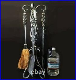 Fireplace tool set. 30. Brushed chrome. Twisted iron styled handles and stand