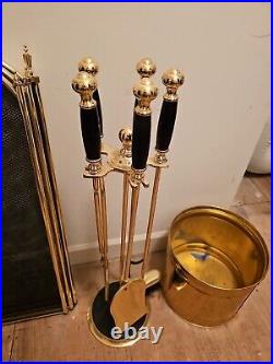 Fireplace tool set Wood And Brass, Bucket And Screen, Great Shape