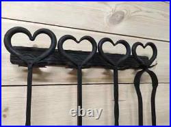 Fireplace tools set 5 pcs HEARTS Poker Tongs Shovel Broom Stand Forged