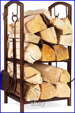 Firewood Log Rack Set With Hook Broom Shovel And Tong Home Fireplace Tool Bronze