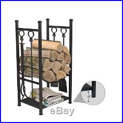 Firewood Rack Fireplace Tool Stand Set Log Storage Fire Wood Holder Bin Black