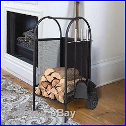 Firewood Rack Log Cart Large Wheels, Mover 3 Fireplace Tool Set Carriers Holders