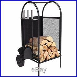 Firewood Rack Log Cart Large Wheels, Mover 3 Fireplace Tool Set Carriers Holders