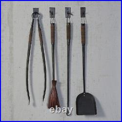 Forged Iron Fireplace Tool Set/4 Rustic Modern Lodge Leather Hook Elle Decor
