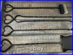 Forged fireplace tools set 4 pieces + stand. Hearts