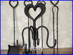 Forged fireplace tools set 4 pieces + stand. Hearts