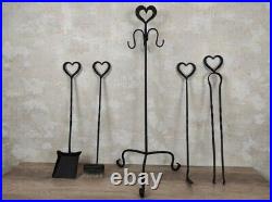 Forged fireplace tools set 4 pieces + stand. Hearts