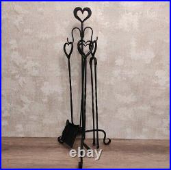 Forged fireplace tools set 4 pieces + stand. Hearts