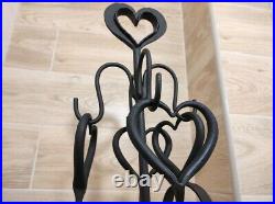 Forged fireplace tools set 4 pieces + stand. Hearts