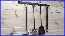 Forged fireplace tools set, fireplace poker, tongs, shovel, broom