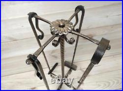 Forged fireplace tools set, poker, tongs, shovel, broom, floor stand
