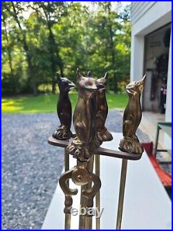 Fox Handle Brass Fireplace Tool Set 5 piece set Vintage Antique Mcm See Details