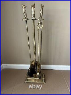 Fox Handle Brass Fireplace Tool Set 5 piece set Vintage Antique Mcm See Details