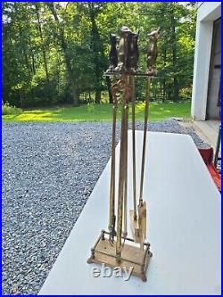 Fox Handle Brass Fireplace Tool Set 5 piece set Vintage Antique Mcm See Details