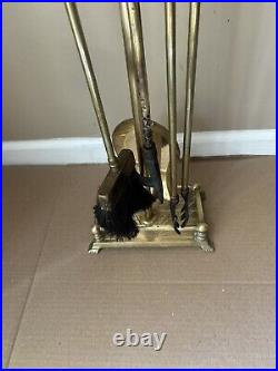 Fox Handle Brass Fireplace Tool Set 5 piece set Vintage Antique Mcm See Details