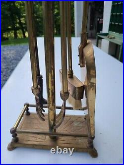 Fox Handle Brass Fireplace Tool Set 5 piece set Vintage Antique Mcm See Details