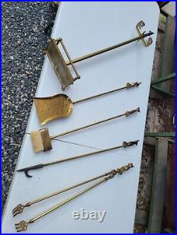 Fox Handle Brass Fireplace Tool Set 5 piece set Vintage Antique Mcm See Details